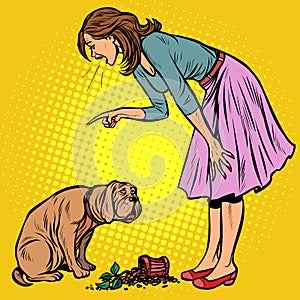 Woman scolds guilty dog. Broken pot with flower