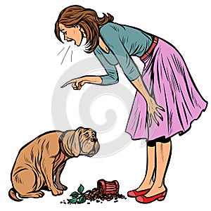 Woman scolds guilty dog. Broken pot with flower isolate on white background