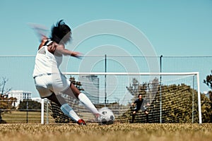 Woman, score and net for goal in soccer, training and sports on field for fitness, health and exercise. Girl, football