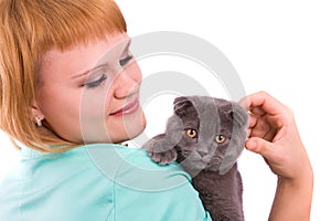 Woman with scottish fold cat