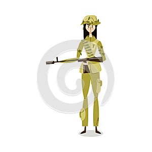 Woman scout in green military uniform standing with gun illustration