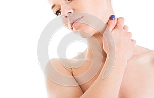 Woman scratching her self. Isolated on white background