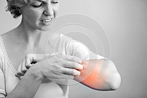 Woman Scratching an itch on white background . Sensitive Skin, F