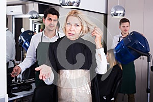 Woman screaming on hairdresser