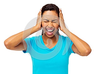 Woman Screaming With Hands Covering Ears
