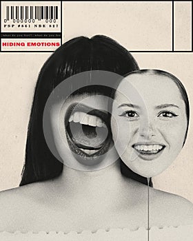 Woman with screaming mouth and mask of smiling happy face. Conceptual creative design. Mental health