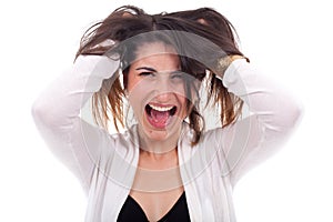 Woman screaming with open arms