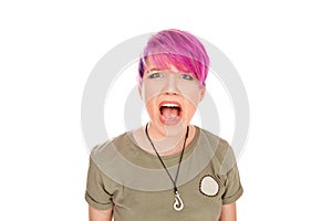 Woman screaming in terror mouth wide open looking in panic