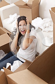 Woman Screaming Unpacking Boxes Moving House