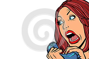Woman screams in phone. Isolate on white background