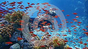 Woman scuba diver near beautiful coral reef - surrounded with shoal of beautiful red coral fish, anthias