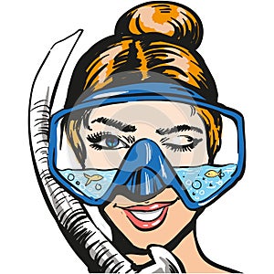 Woman scuba diver pop art vector icon isolated on white