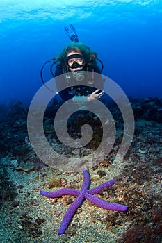 Woman scuba-diver swimming over seastar photo