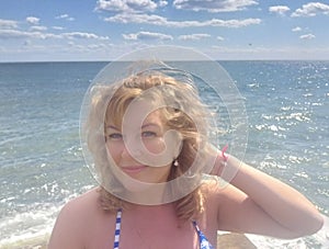 Woman, sea, beach, beauty, summer, smile, water, adult, smile, hair, blonde, vacation, ocean, outdoors, person, face, happiness, p