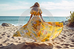 woman sea person beautiful fashion beach lifestyle summer slim hippie dress. Generative AI.