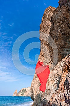 woman sea red dress. Woman with long hair on a sunny seashore in a red flowing dress, back view, silk fabric waving in