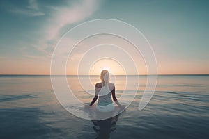 woman sea summer lotus fitness pose yoga pier ocean lifestyle young wooden. Generative AI.