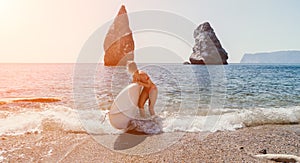 Woman sea sup. Close up portrait of happy young caucasian woman with blond hair looking at camera and smiling. Cute