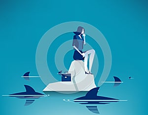 Woman on sea surrounded by sharks. Concept business anxiety vector illustration, Trapped