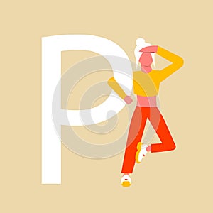 A woman in search of an answer to a question. The woman is holding on to the capital letter P. Flat cartoon character