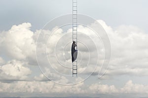 Woman in search of freedom climbs a surreal staircase that descends from the sky