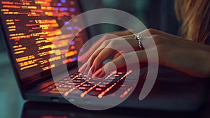 Female Hacker Woman Typing on a Laptop Notebook Keyboard Accessing The Dark Web Internet Network (Computer Coding)