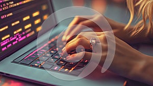 Female Hacker Woman Typing on a Laptop Notebook Keyboard Accessing The Dark Web Internet Network (Computer Coding)