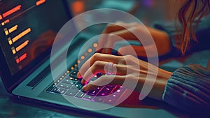 Female Hacker Woman Typing on a Laptop Notebook Keyboard Accessing The Dark Web Internet Network (Computer Coding)