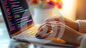 Female Hacker Woman Typing on a Laptop Notebook Keyboard Accessing The Dark Web Internet Network (Computer Coding)