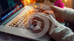 Female Hacker Woman Typing on a Laptop Notebook Keyboard Accessing The Dark Web Internet Network (Computer Coding)