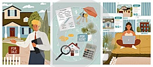 Woman searching house for rent online. Real estate concept vector posters set. Real estate agent offers property for