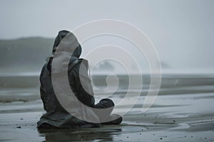 woman on the seashore, gloomy day, generative AI