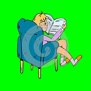 Woman seat on armchair and read newspaper. Back view, chillout concept. Cartoon style illustration isolated on green