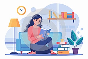A woman seated on a couch, engrossed in reading a book at home, woman reading a book at home, Simple and minimalist flat Vector photo