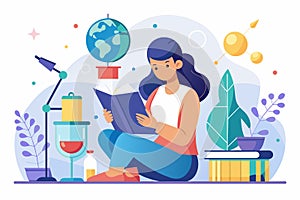 A woman is seated on the floor absorbed in reading a science book, woman reading and studying science book, Simple and minimalist photo