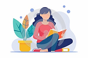 A woman is seated on the floor, engrossed in reading a book, woman sitting and reading a book learning, Simple and minimalist flat