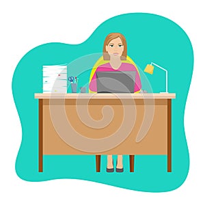 Woman Secretary at the Desk with a pile of papers and a laptop