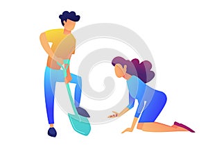 Woman with seeds and men digging with shovel vector illustration.