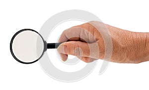 Woman seeking solution - hand with magnifying glass isolated