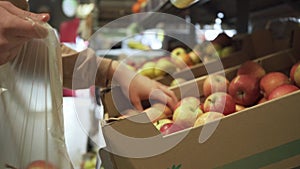 Woman selecting fresh apples in grocery store produce department and putting it in plastic bag