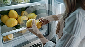 Woman selecting fresh lemons from a fridge stocked with citrus. healthy lifestyle and nutritious choices concept. ideal