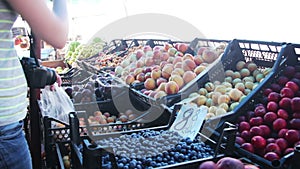 Woman Selecting Fruit on Showcase At Street Market