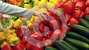 Woman selecting red and yellow peppers in grocery store