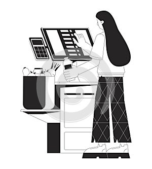 Woman on self service terminal bw concept vector spot illustration