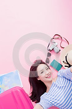 Woman selfie happily on floor