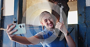 Woman, selfie and horse in stable, picture and countryside ready in ranch for photography. Farmland, nature and outdoor