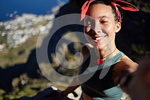 Woman, selfie and outdoor for hiking, social media post and profile picture in summer for online memories. Happy