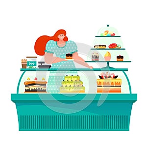 Woman sell food cake, female confectioner at showcase isolated on white, vector illustration. Sweet confectionary