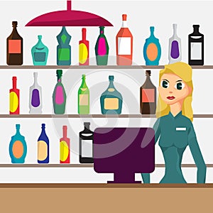 Woman seller in shop of elite alcohol. Vector flat cartoon