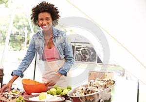 Woman Selling Fresh Oysters At Farmers Food Market